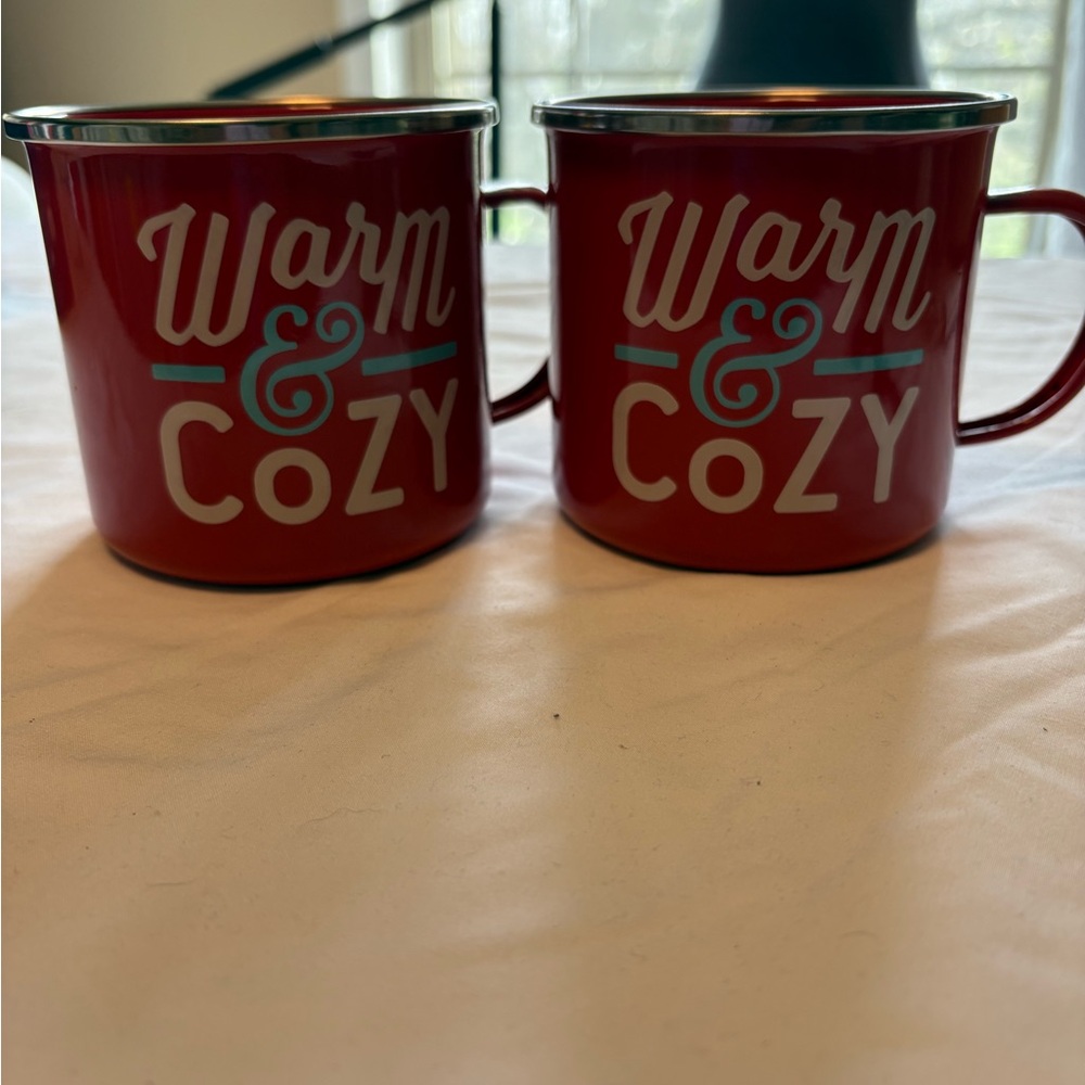 Harry & David Set of 2 Red Metal Enamel Coffee Tea Mugs “Warm & Cozy”.